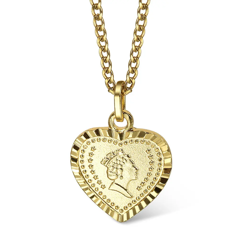 Hermah 2mm Gold Plated Heart-shaped Elizabeth Queen Charm Pendant Curb Chain Necklace for Women Girls Jewelry