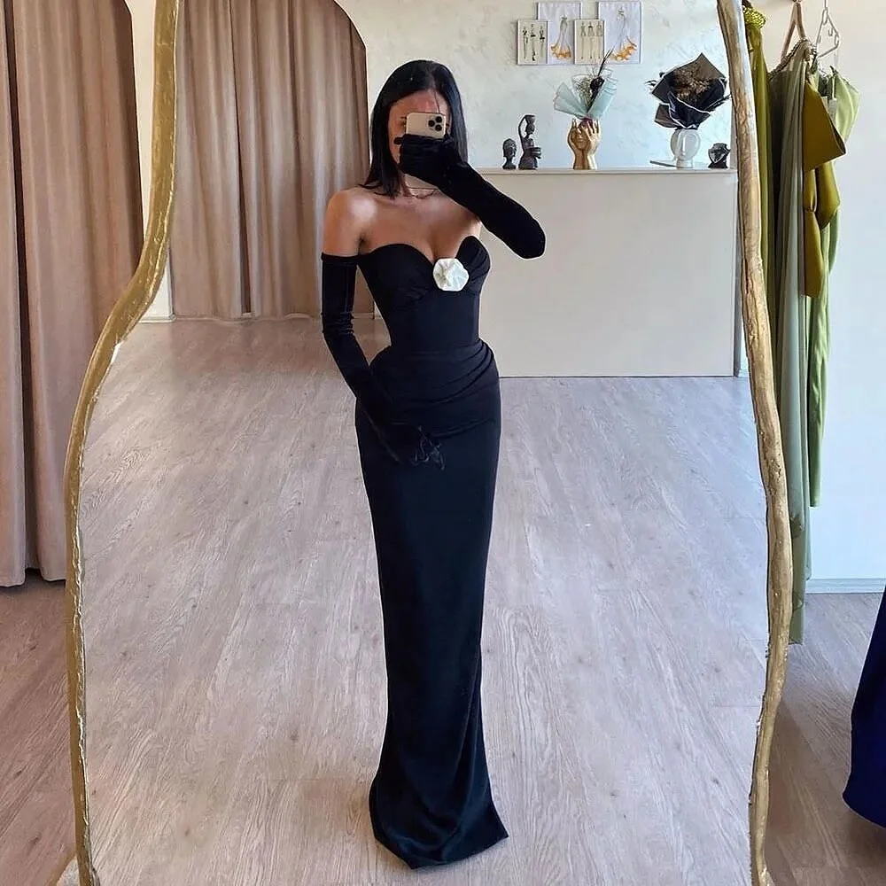 

Mermaid Black Prom Dresses Sweetheart Sleeveless Backless Satin Woman Annual Meeting Host Formal Evening Gown With Glove