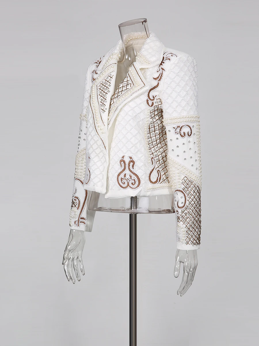 TWOTWINSTYLE Colorblock Slimming Spliced Embroidery Coat for Women Lapel Long Sleeves Patchwork Pearl Jackets Female Clothing