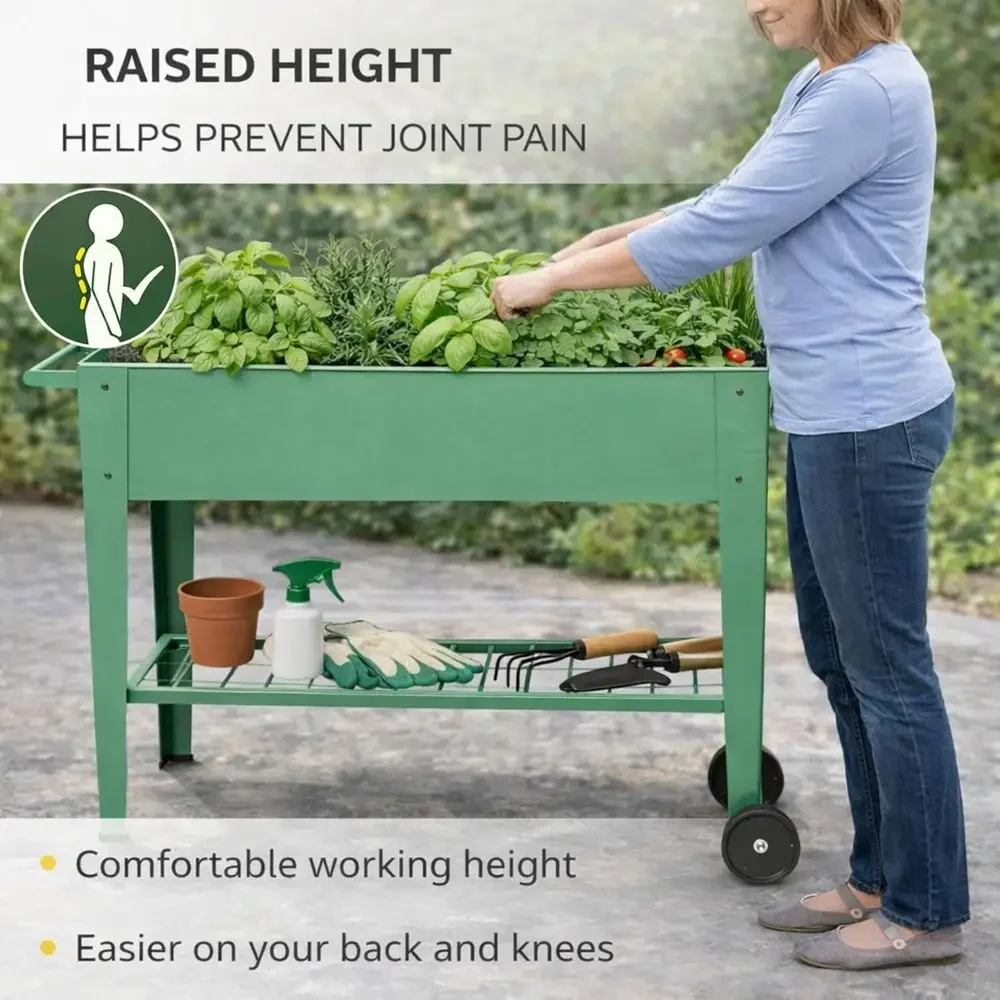40 Inch Elevated Garden Bed with Wheels for Outdoor Mobility, Suitable for Plants, Vegetables, and Herbs in Sage Green