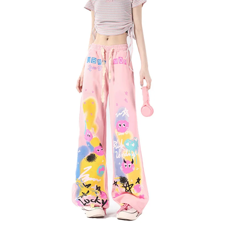 Pink Graffiti Casual Pants For Women Summer Thin High Waist Wide Leg Straight Tube Dopamine Wear Small Pants