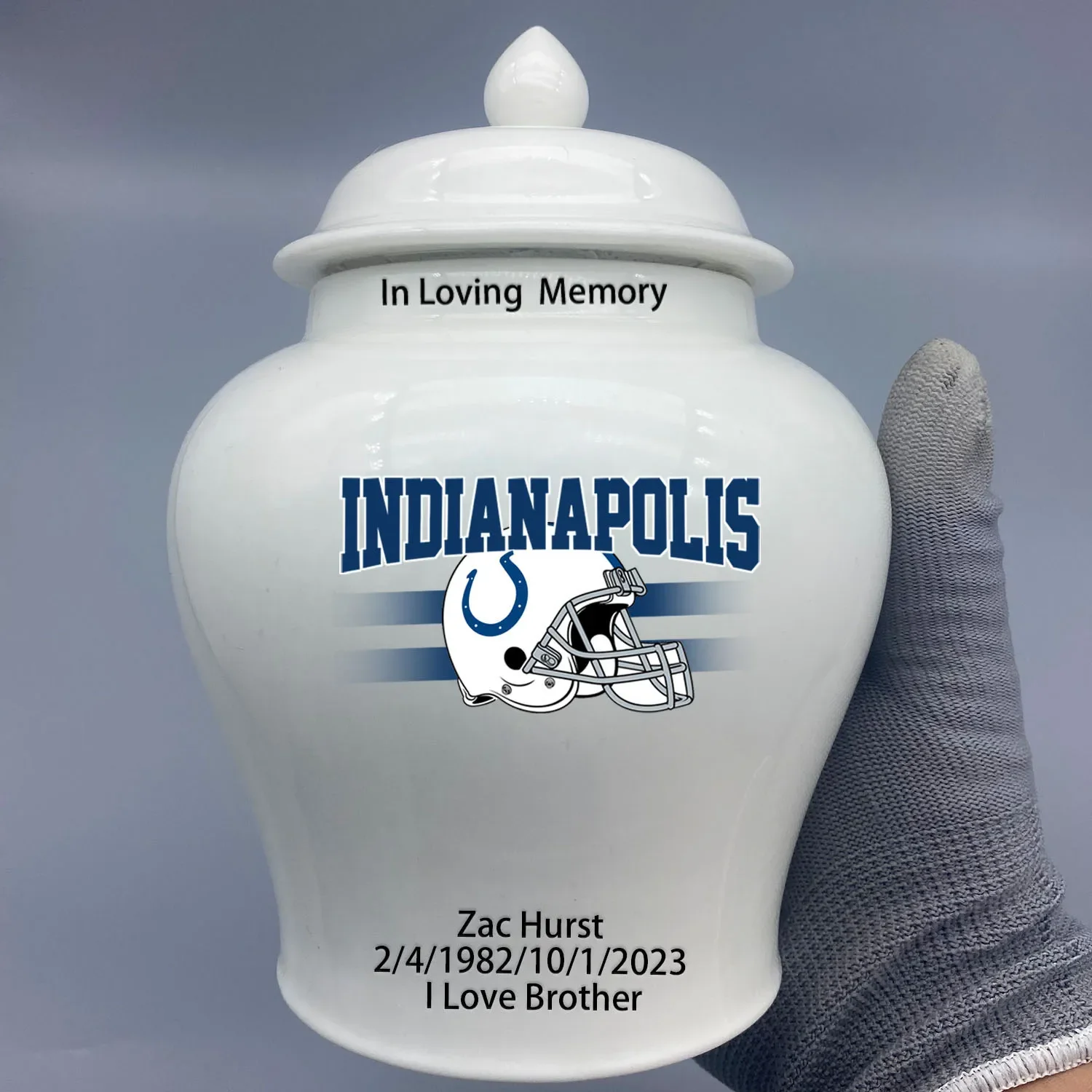 Medium Urn for Indianapolis Colts-themed Logo Urn.Please send me the customize information-name/date and number on the urn