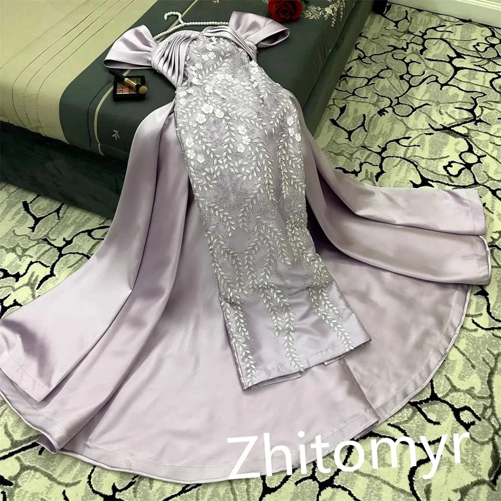 Sansa Lavender Satin فساتين السهرة Lace Embroidery A-line Prom Dress Elegant Sleeveless Floor-length Vestidos De Noche 2024