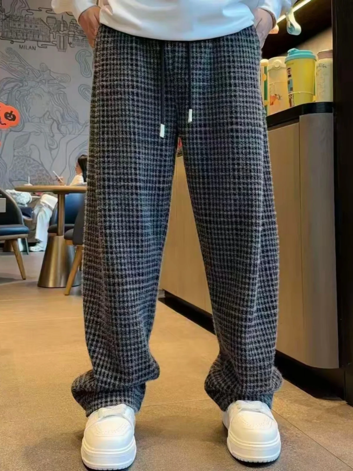 

Autumn Winter Thiened Velvet Plaid Wide Leg Straight Casual Pants ex Faionable Breathable Skin-friendly Sports Sweatp...