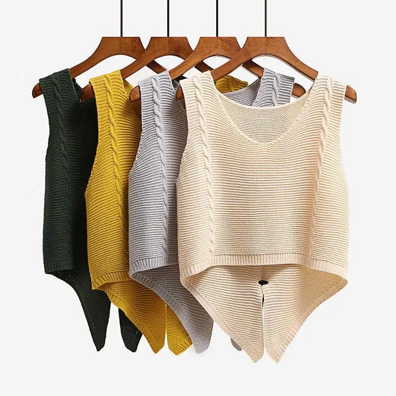 

Spring Autumn New Female Sweater Knitted Vest College Student Girls Short Pullover Sweet Top Clothing Swallowtail Vest Beige