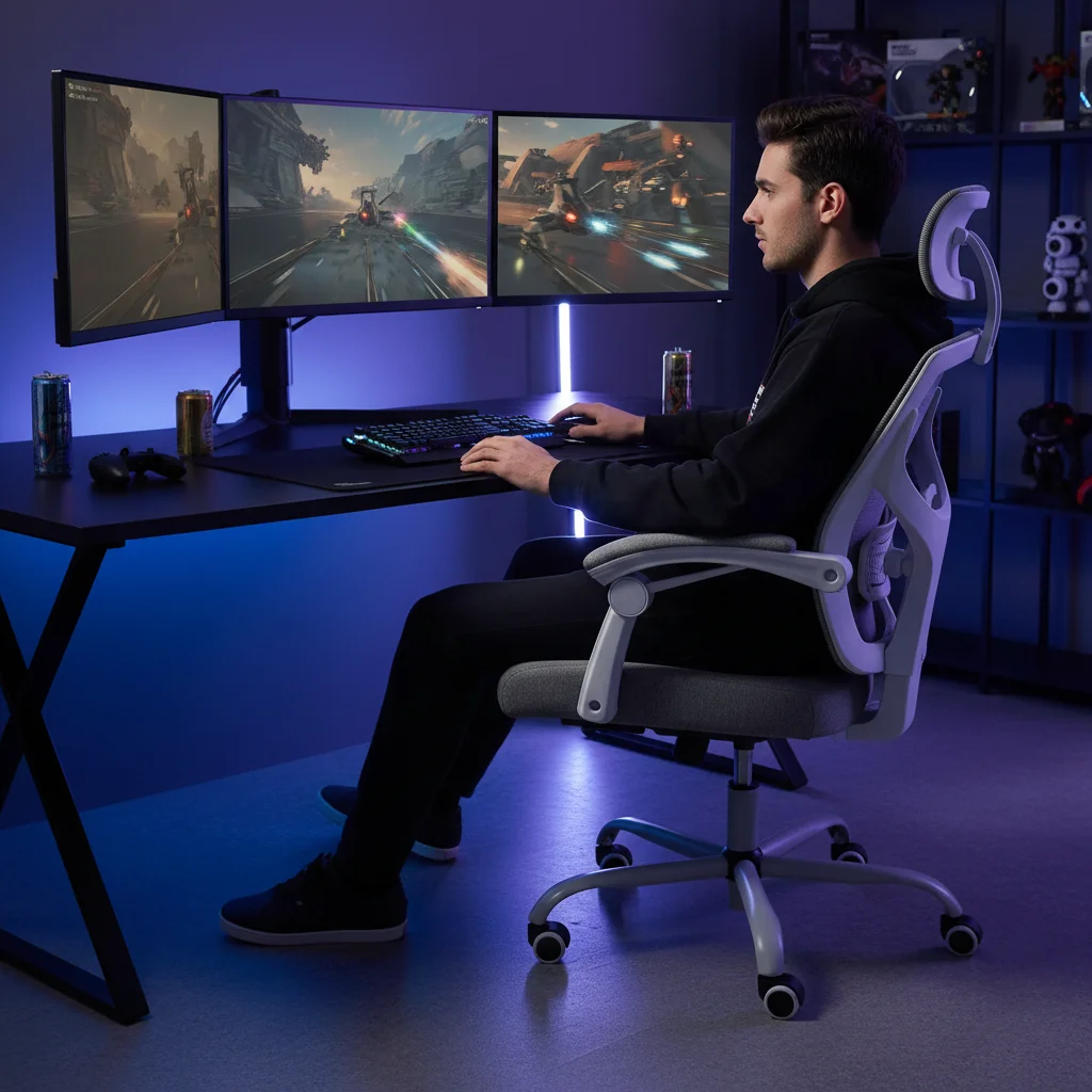 Эргономичное офисное кресло с высокой спинкой и подставкой для ног, вращающееся настольное кресло с откидной сеткой, подголовником и поясничной опорой, серый