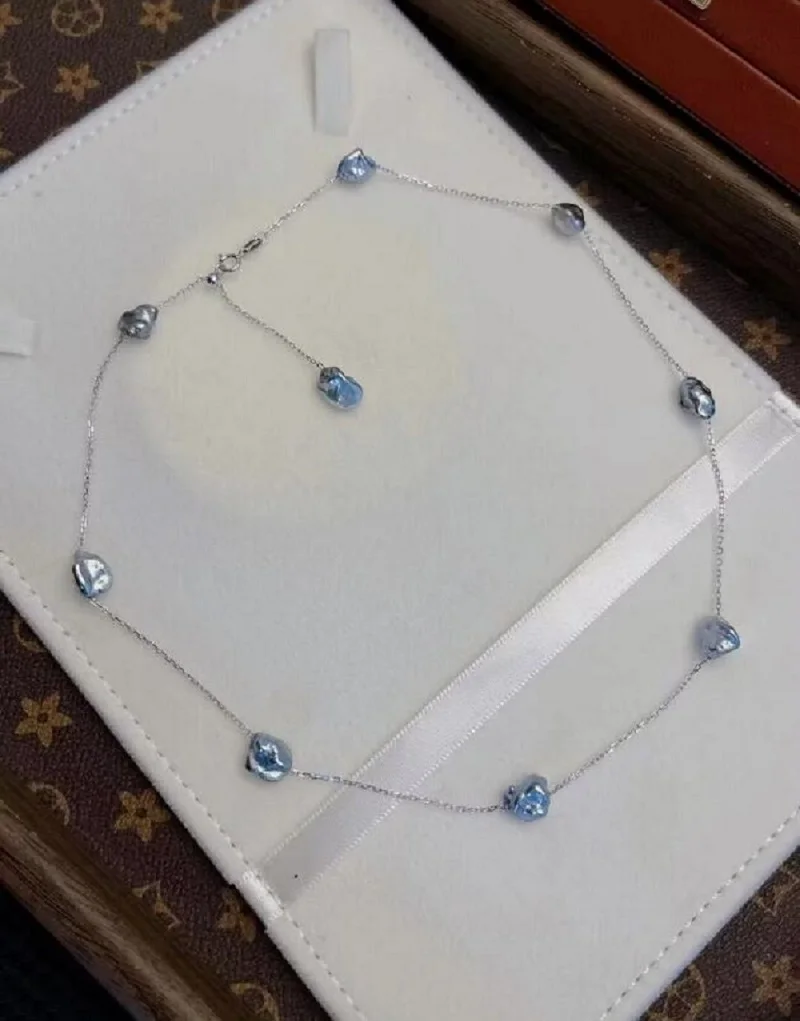 gorgeous 7-8mm south sea blue grey pearl necklace 18'' 925s