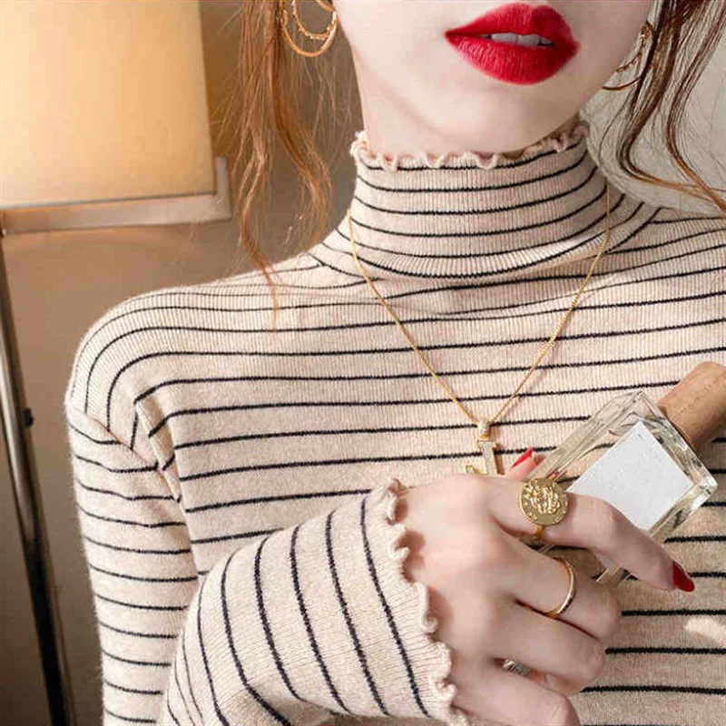 

Women's Knitted Base irt f High Collar Wooden Trim Autumn Winter plus Size Inner Wear Sweater Knitted Top Striped