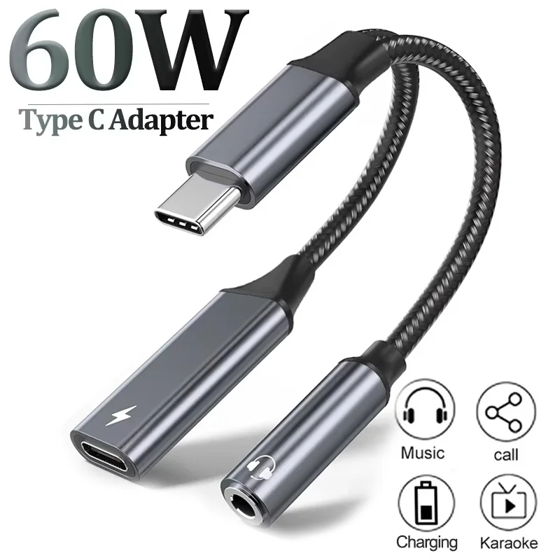 OTG 2-in-1 USB-C-Splitter zu Dual-USB-C/3,5-mm-Kopfhöreranschluss Audio-Adapter PD 60W Schnellladegerät für iPhone 15 Serie Huawei Xiaomi
