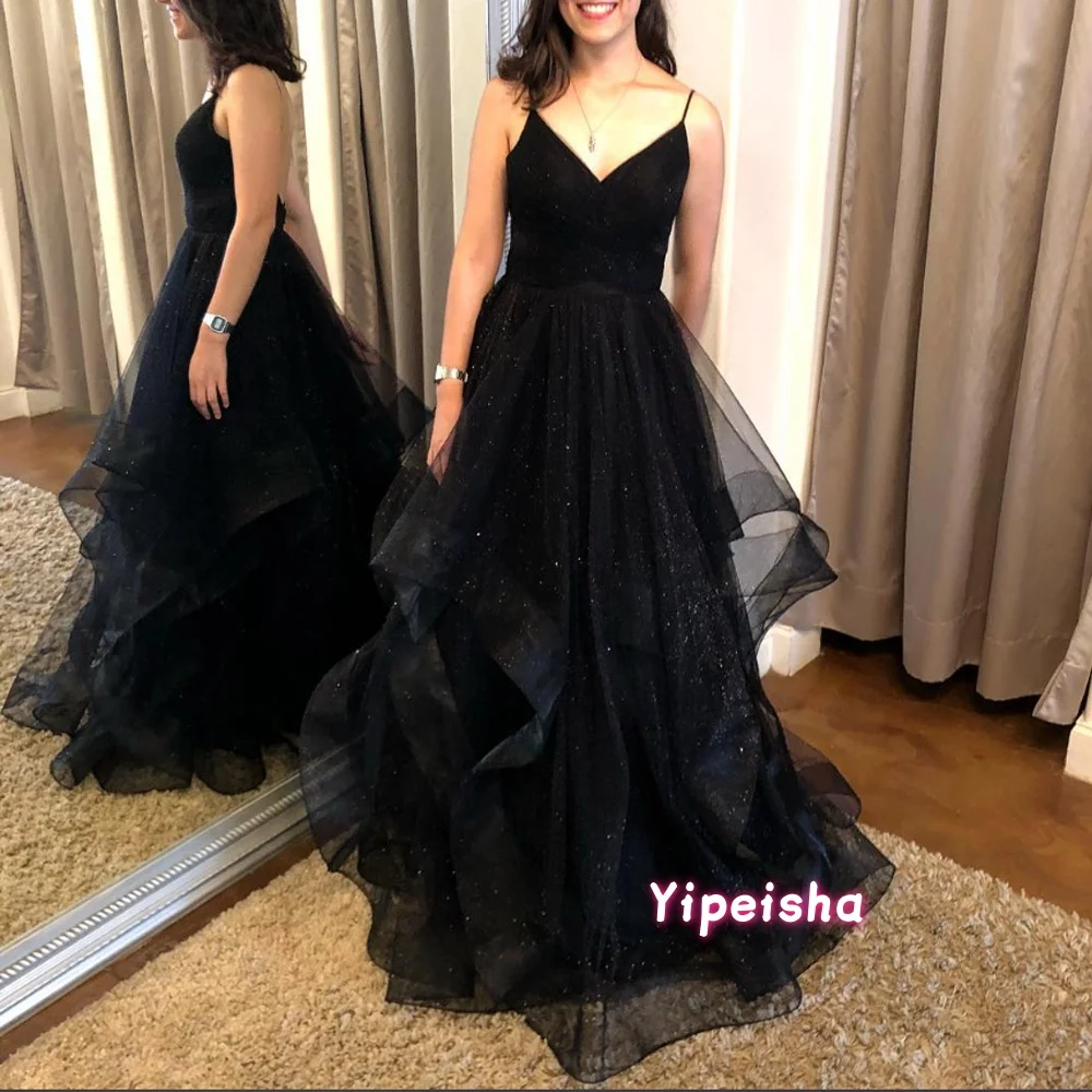 

Customized Sparkly V-neck Ball Gown Calssic Spaghetti Strap Prom Dress Ruffles Sweet 15 Girls Princess Evening Dresses Vestidos