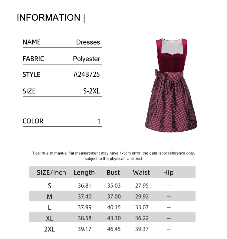 Oktober-Bierfest-Set für Damen: Burgunderrotes deutsches bayerisches Samt-Dirndl-Kleid, perfekt für Karneval, Freizeitkleidung und den Herbst. – Detail 1