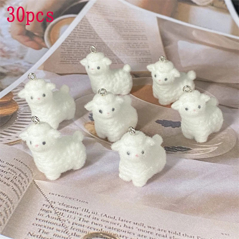 

30pcs 3D Kawaii Animal Doll Charms Cute Flocked White Small Alpaca Resin Pendant For Keychains Earring DIY Jewelry Making