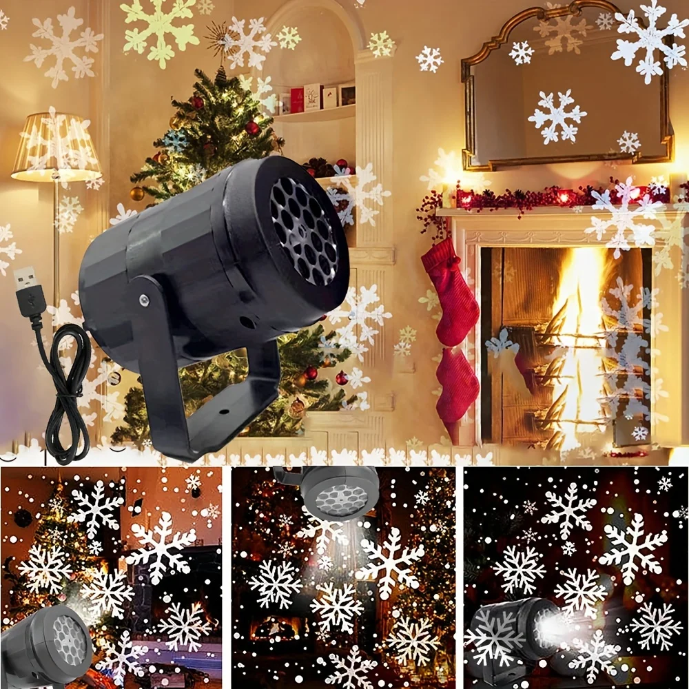 USB Power White Snowflake Christmas Projector Indoor LED Spotlight Xmas Projection Lights for Bedroom New Year Home Party Decor