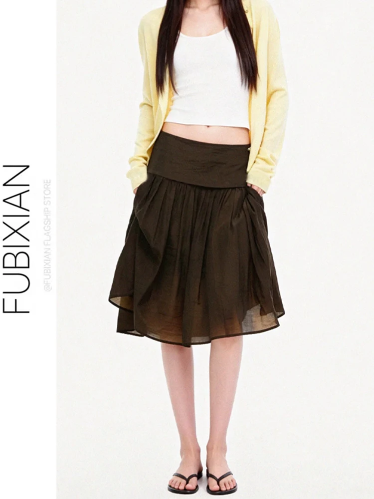 Lightweight Vacation Folded Knee-Length Half Skirt for Women Beautiful Casual Slimming Skirt High Waist A-Line Summer New Brown