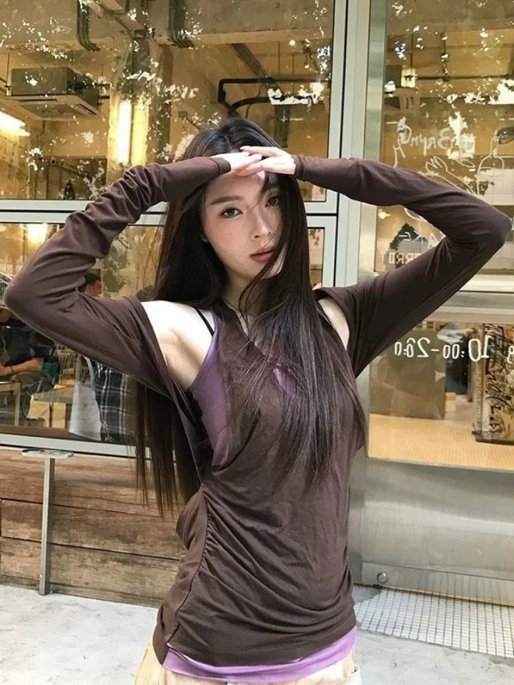 

Поддельные комплекты из двух предметов Y2k, эстетические футболки, уличная одежда, сексуальные лоскутные топы с лямкой на шее, женские облегающие плиссированные футболки в стиле Харадзюку со стразами