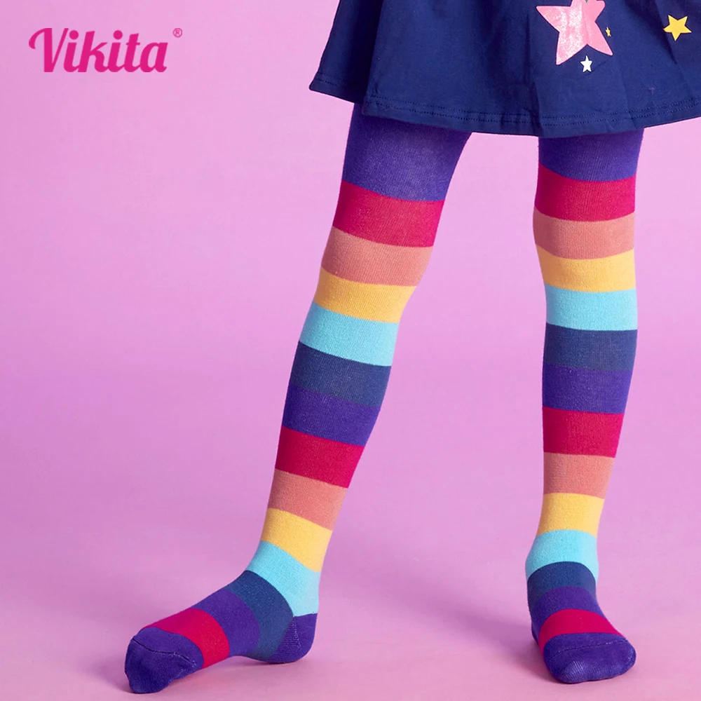 VIKITA Children Striped Tights Girl Cotton Knitted Pantyhose Kids Colorful Stocking Girls Christmas New Year Tights Kids Clothes