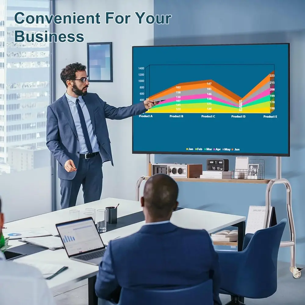 حامل تلفزيون بعجلات، حامل تلفزيون يناسب شاشة تلفزيون 43-75 بوصة تصل إلى 110 رطل، حامل تلفزيون دوار قابل للتعديل لارتفاع غرفة المعيشة