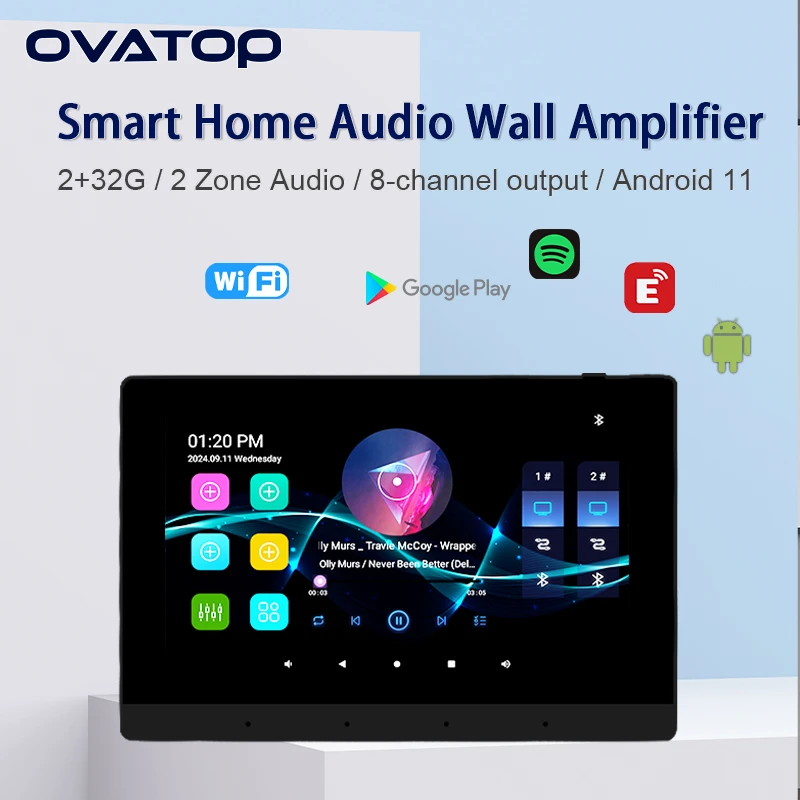 smart home 7 Inch touch screen WIFI bluetooth sound wall amplifier 2 zone audio Android 11 system 8X25W music control panel HDMI