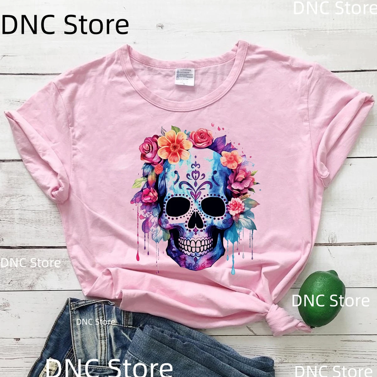 Hand Drawn Watercolor Sugar Skull Halloween Tshirt Women New Year Gift Clothes Fashion Trend Women Tshirt Pink Short Sleeved Top