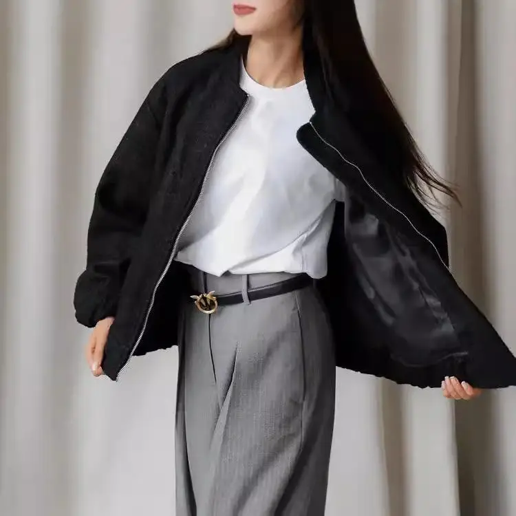 

Ele Осеннее пальто с воротником-молнией Plu, женское повседневное шерстяное пальто с длинным светом, другой материал 00% без зарегистрированного бренда