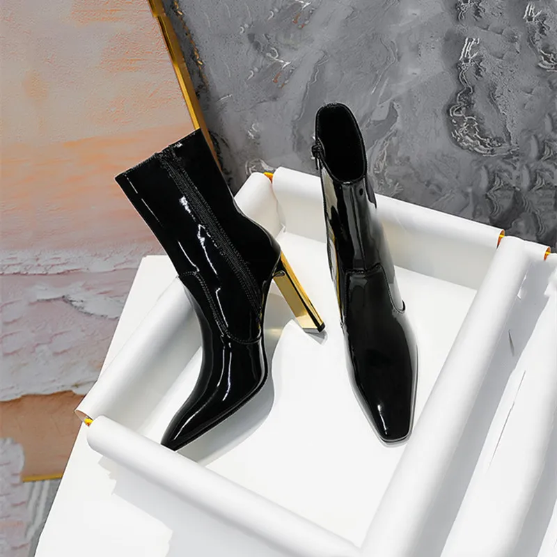 2025 Autumn Winter Patent Leather Fashion Women Ankle Boots Elegant Square toe Metal Gold High heels Chelsea Short Boots Shoes