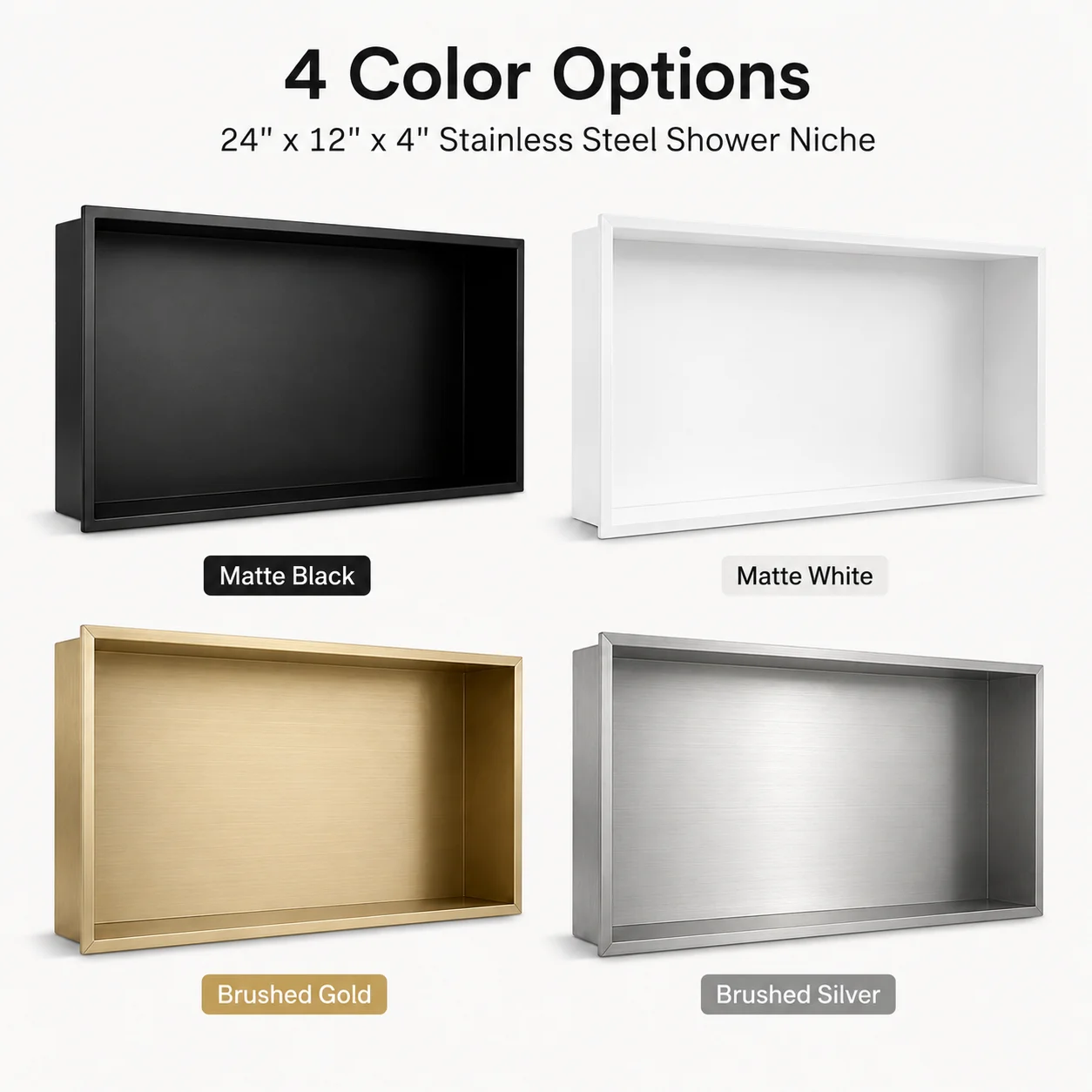 Stainless Steel Shower Niche, 24 X 12 X 4 Inch, Recessed Wall Shelf, No Tile Needed, Bathroom Storage, Black, White, Silver, Gol