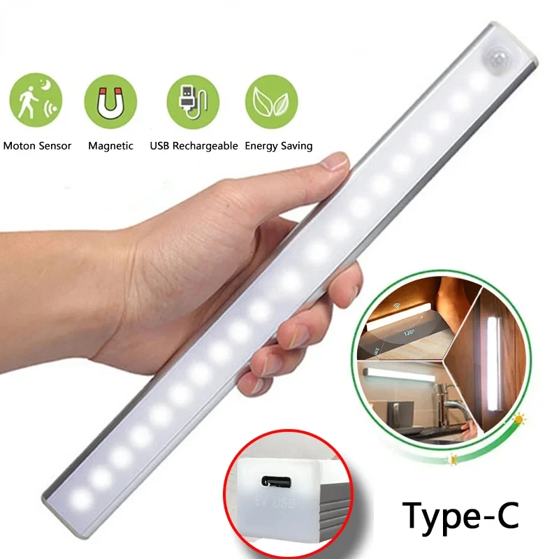 

PZSUNLY LED 모션 센서 야간 조명, USB C 타입 충전식 램프, 주방 캐비닛 옷장 램프, 계단 백라이트