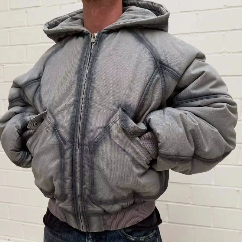 Vintage Goth Washed Gradient Jacket Oversized Hooded Padded Coat Y2K Loose Cropped Outerwear Winter Streetwear Jacket Unisex