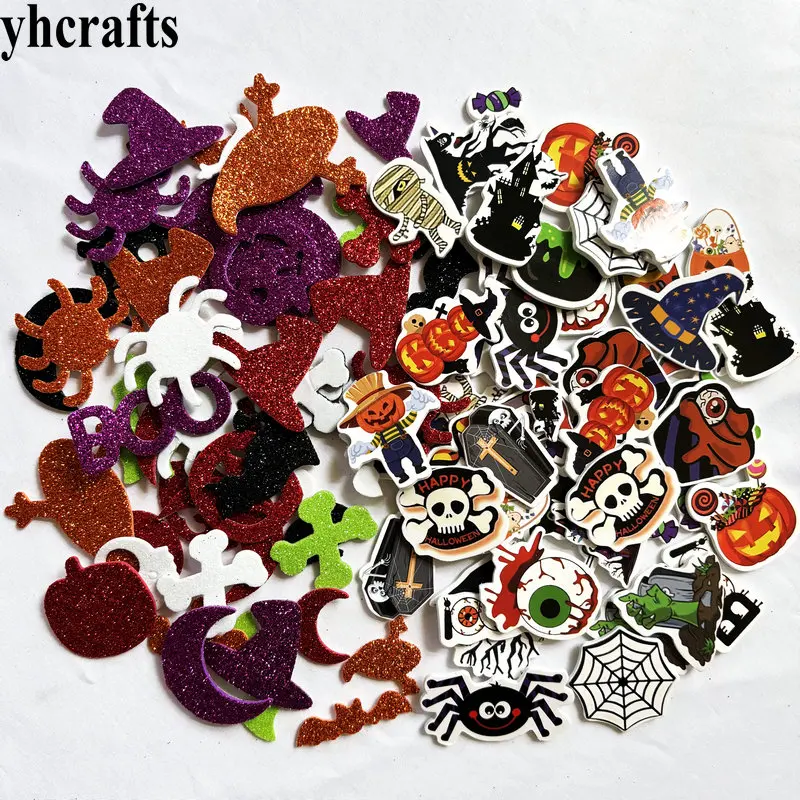 100PCS New arrival mix colorful glitter halloween pumkin spider ghost Pirate foam stickers All Saints' Day activity crafts