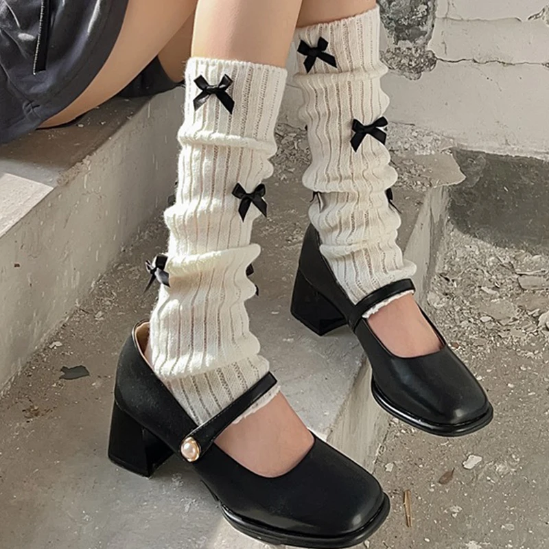 Damen Bogen gestrickt Legging Y2k Punk Fuß Bein wärmer Abdeckung Lolita JK Cosplay Herbst Winter Stiefel Manschetten Knies chützer lange Socken