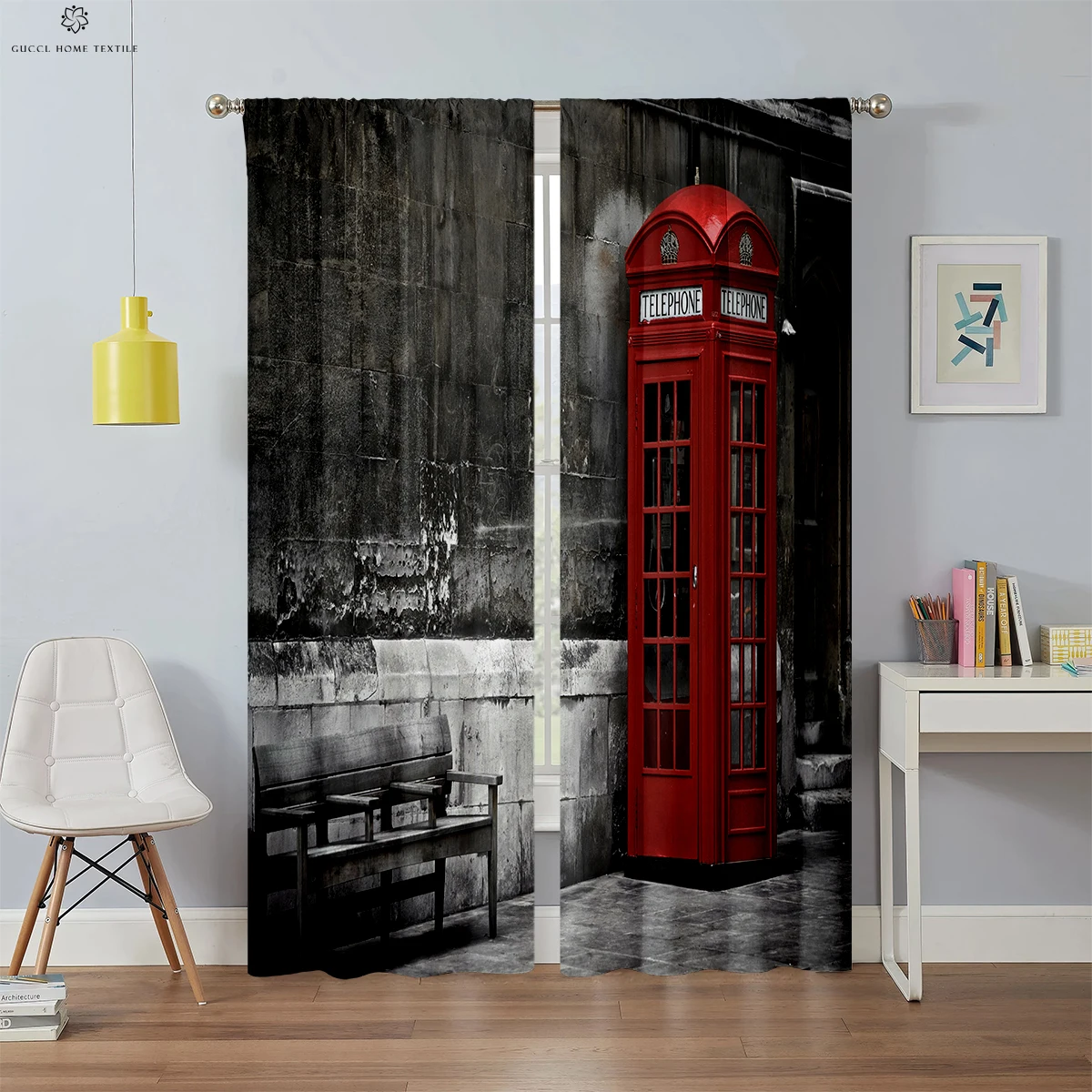 American Retro Architecture 3D Printing Curtain, Black and White, Red Mailbox, Bedroom, Living Room, Study, Decorative, 2Pcs