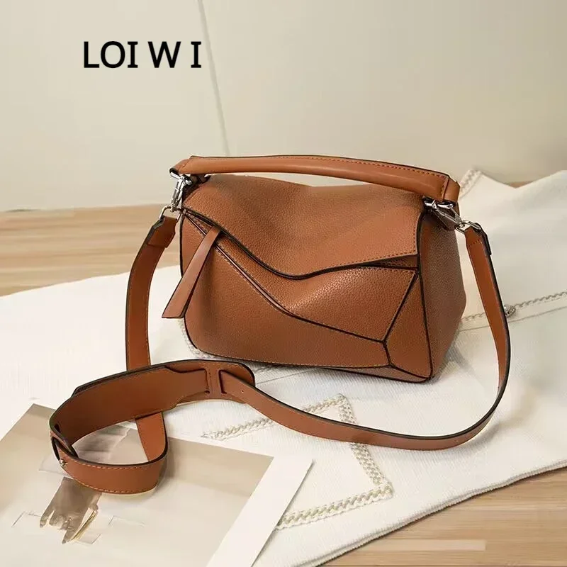 2024 Women\'s  lychee grain cowhide geometric bag leather single shoulder crossbody bag stitching pillow bag