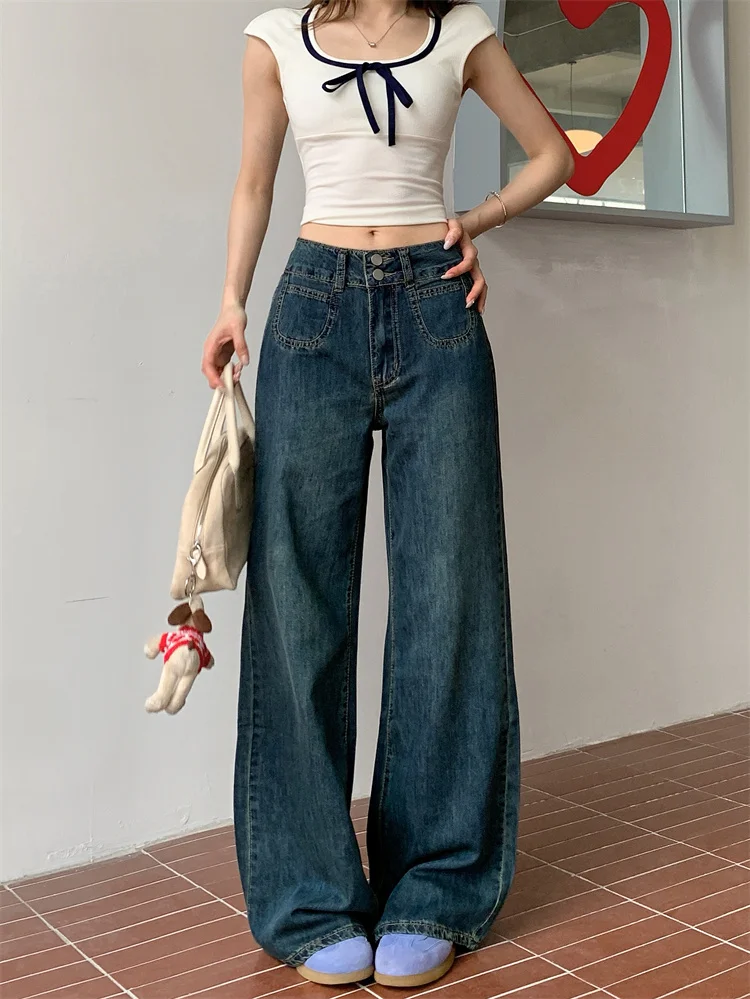 Women Spring Autumn Korean Retro Jeans Double Button High Waist Wash Straight Slim Flare Long Leg Floor Length Pants