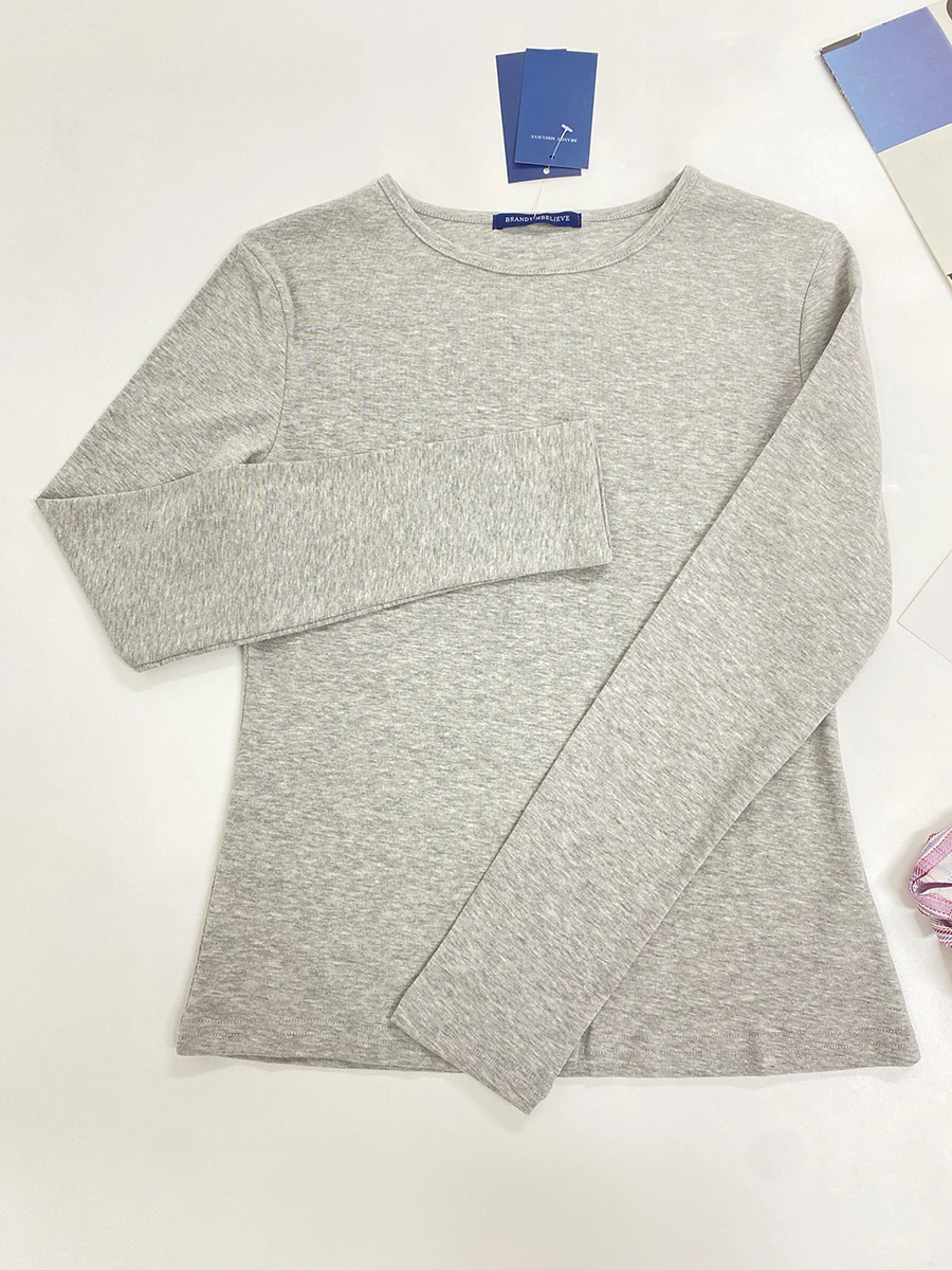 

Solid Color Basic Gray Women T-shirts Round Neck Long Sleeve Casual Tees For Autumn Spring Cotton Blend Tight Y2K Street Tees
