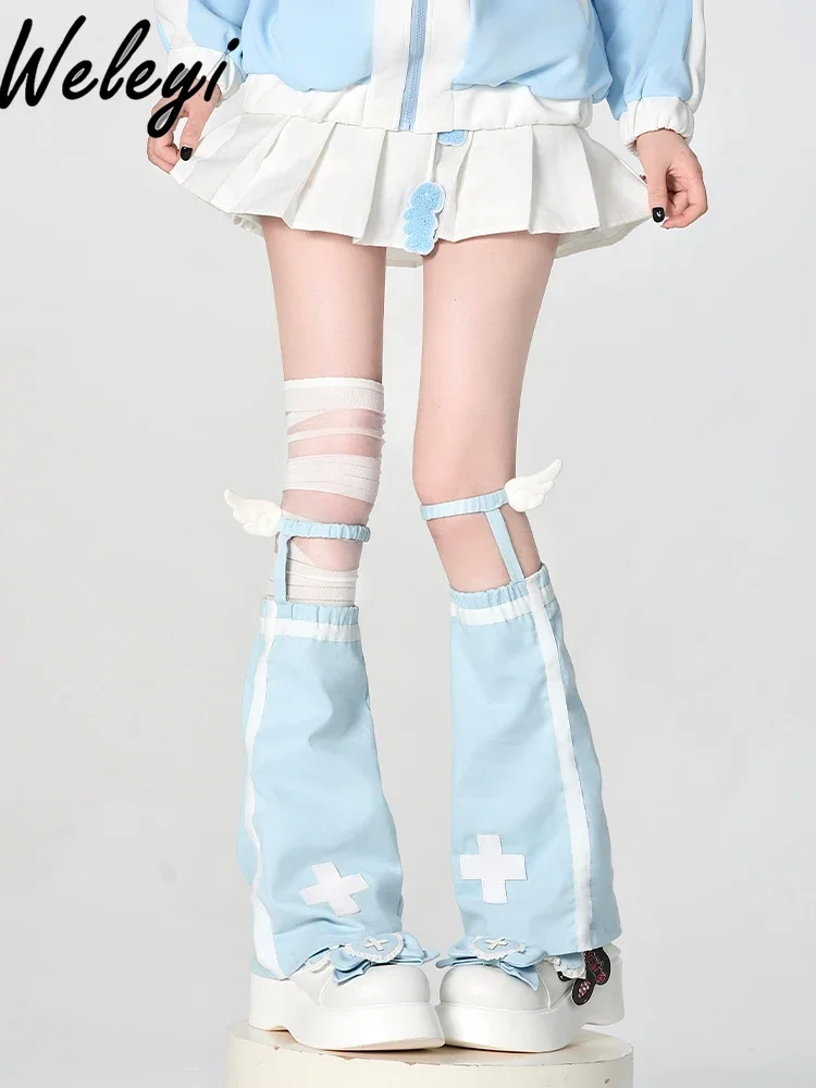 Japanese Mine Jirai Kei Water Color High Sock with Leg Warmer Subculture Girl Cute Leg Warmers Sky Blue Wing Strap Socks Woman