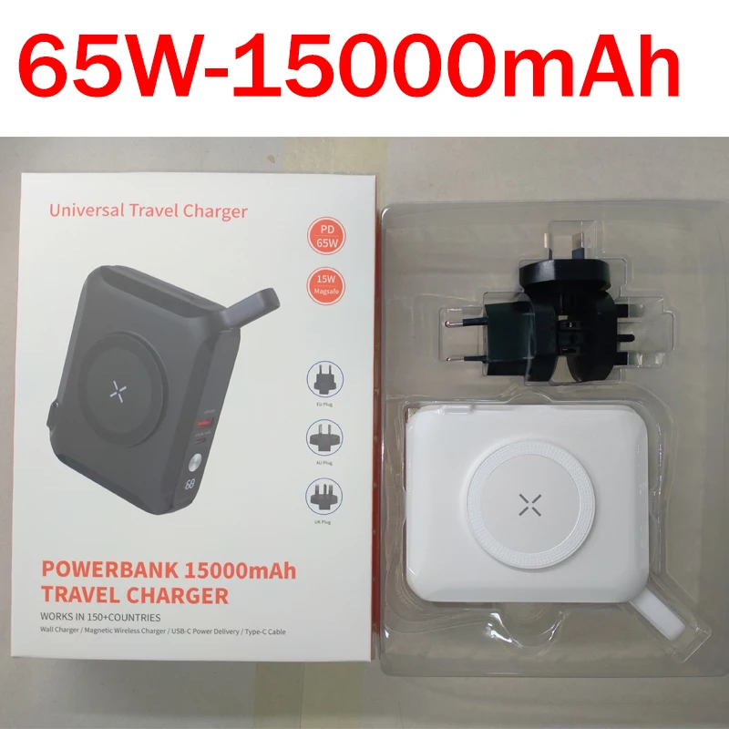 

Магнитный внешний аккумулятор емкостью 15000 мАч, 65 Вт, быстрая беспроводная зарядка, настенная вилка переменного тока, многофункциональный внешний аккумулятор 5-в-1 для IPhone Magsafe, аккумулятор