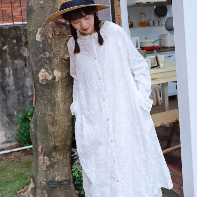 

Women's Japanese Vantage Mori Style Dress Solid Color Embroidered Cardigan Sundress Long Sleeve Versatile Mid-Length Dress