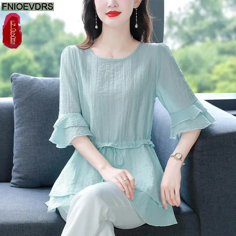 S-4XL 2023 Women Summer Short Sleeve Elegant Office Lady Work Shirt Casual Slim Drawstring Waist Tunic Peplum Tops And Blouses