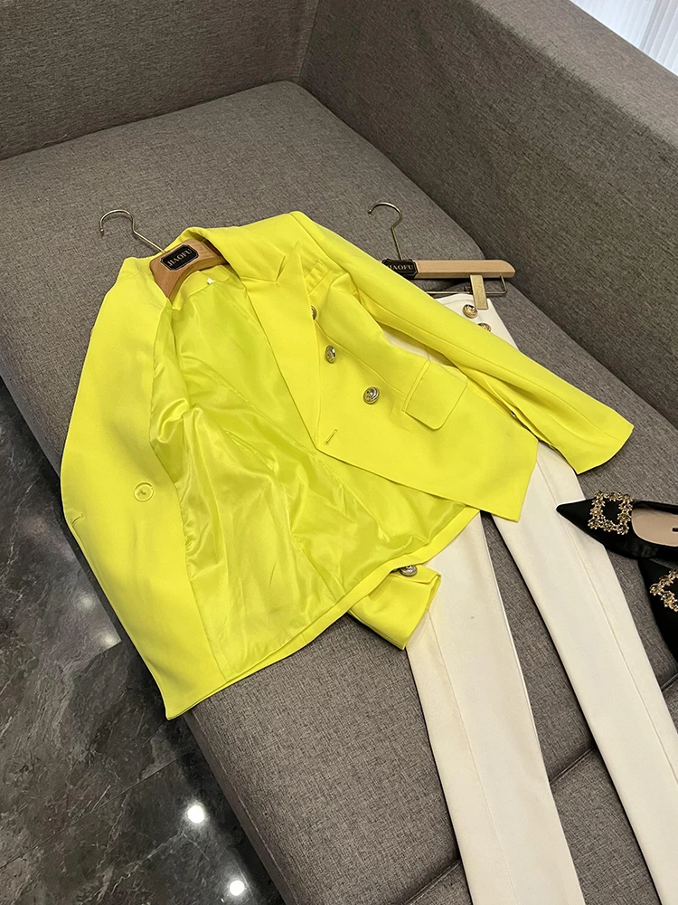 Ele Yellow Double-Breasted Slim Fit Autumn Winter Suit for Commuting Pure Color Trendy Ladies' Busin Wear