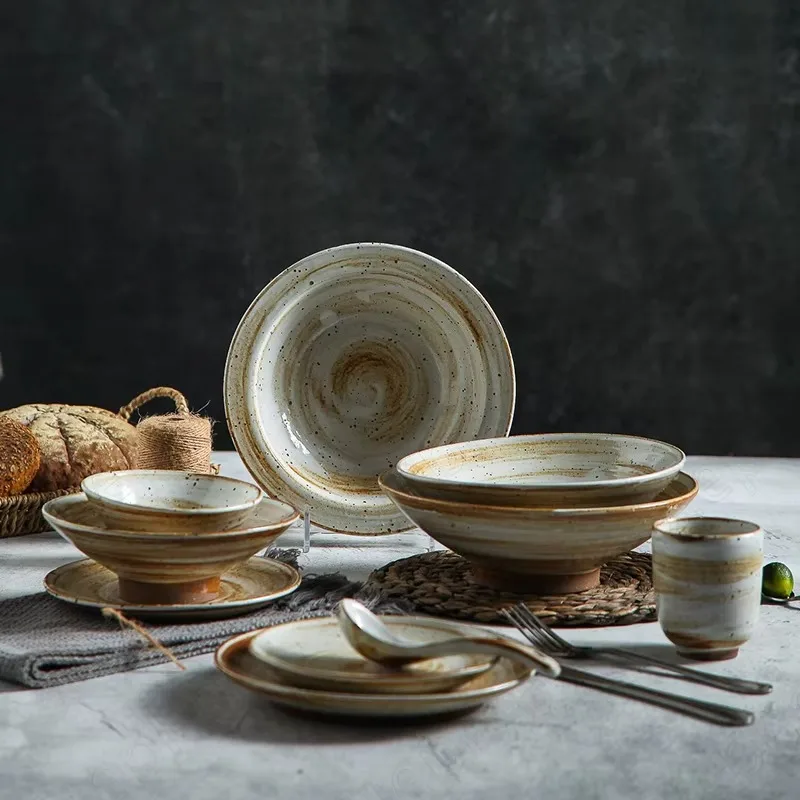 Japanese Stoneware Dinner Plate Classical Kiln Change Sesame Glaze Ceramic Plates and Bowls Rice Bowl Retro Household Tableware