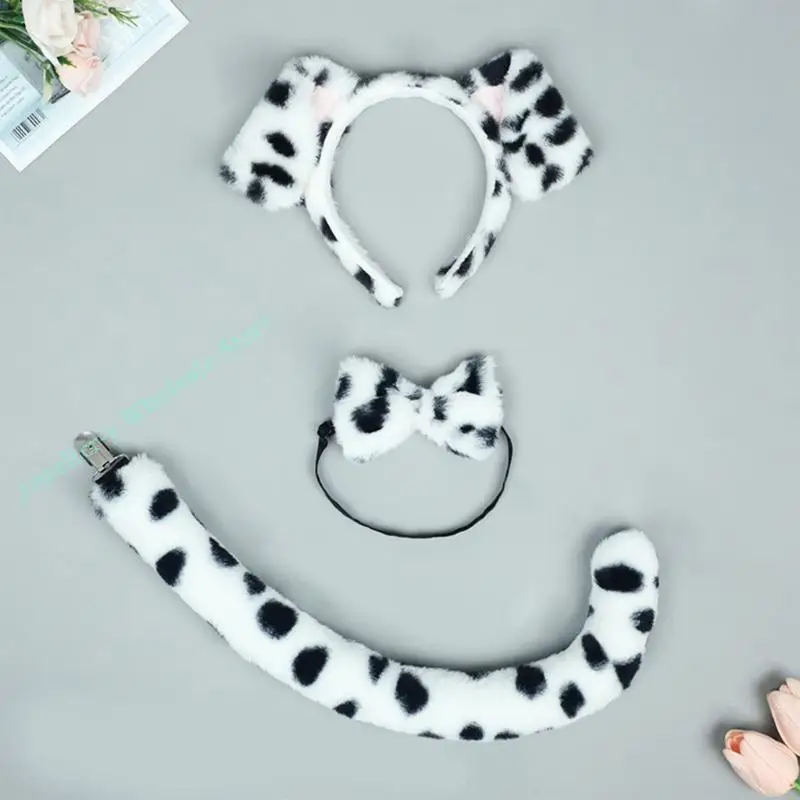 R7UF Cartoon Dog Ears Headband Animal Tail Collar Hair Hoop for Kids Shows Stage