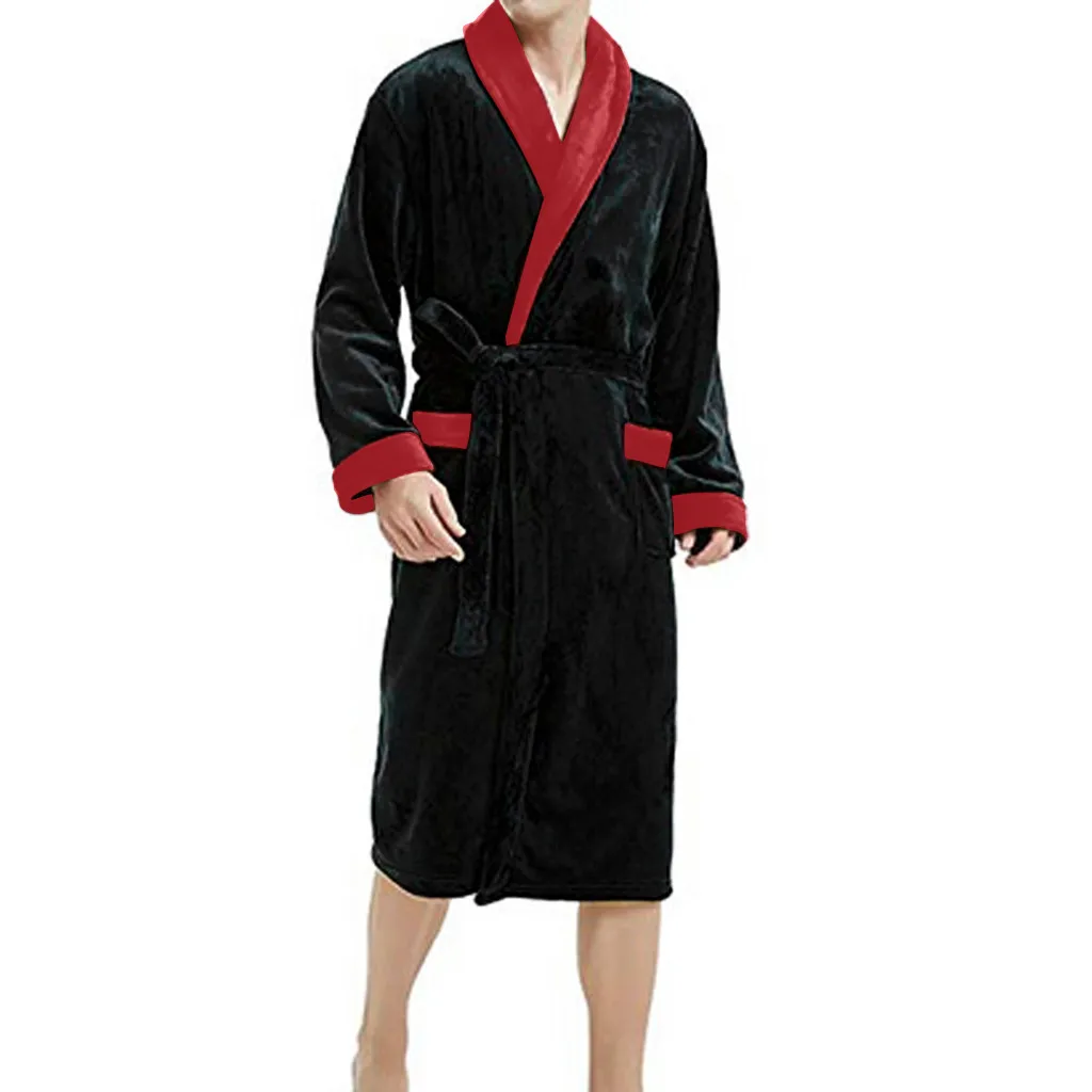 2024 Winter Men\'s Bathrobe Solid Color Belt Flannel Hooded Bath Robe Pockets Warm Men Nightgown Home Gown Sleepwear Men Clothing