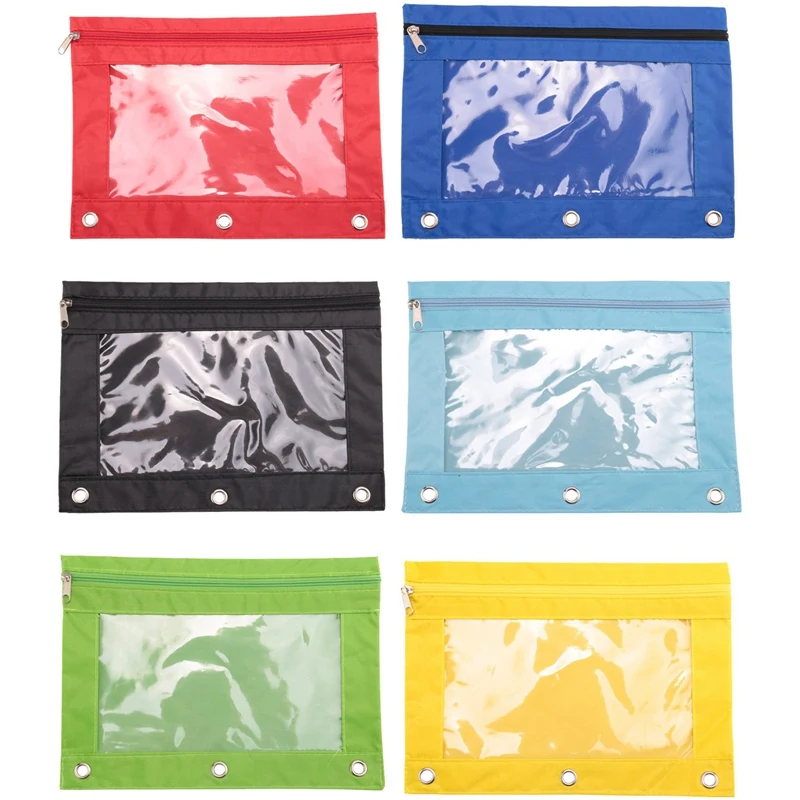 6 Piece Colorful 3 Ring Zipper Pencil Pouch Sturdy AU Durable Binder Pouch With Clear Window