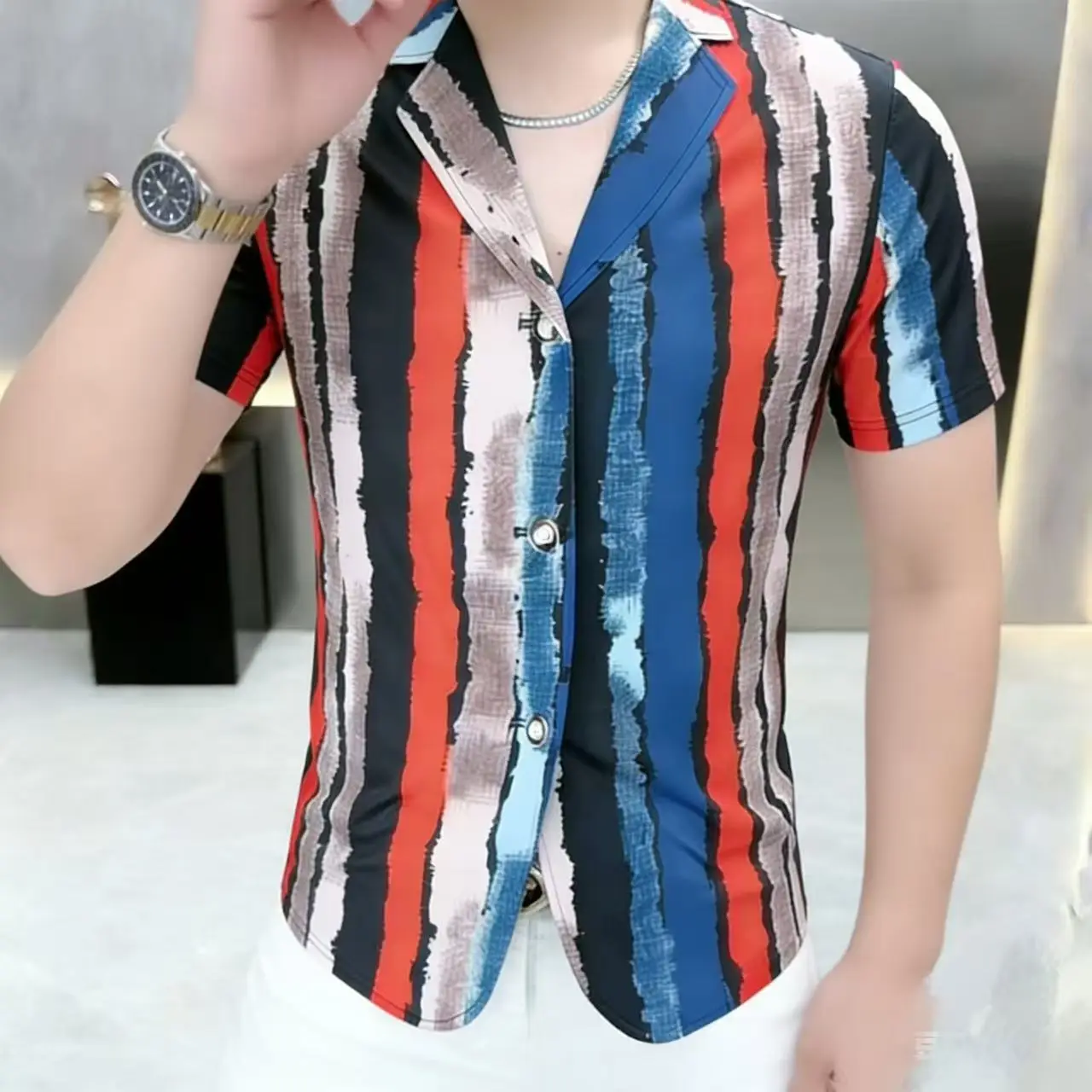 Cuban Collar Shirts For Men Short Sleeve Striped Print Slim Fit Summer Quality Polyester Elastane Icy Coolness Camisas De Hombre