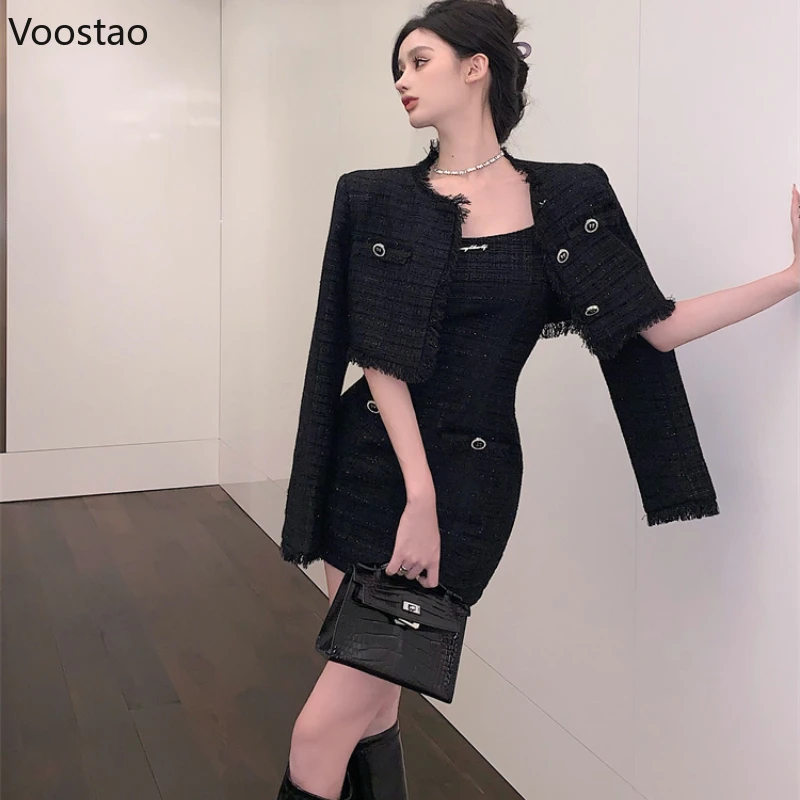 Autumn Elegant 2 Piece Set Women Korean Style Fashion Black Short Jackets Strap Mini Dress Suit Spring Female Casual Y2k Outfits