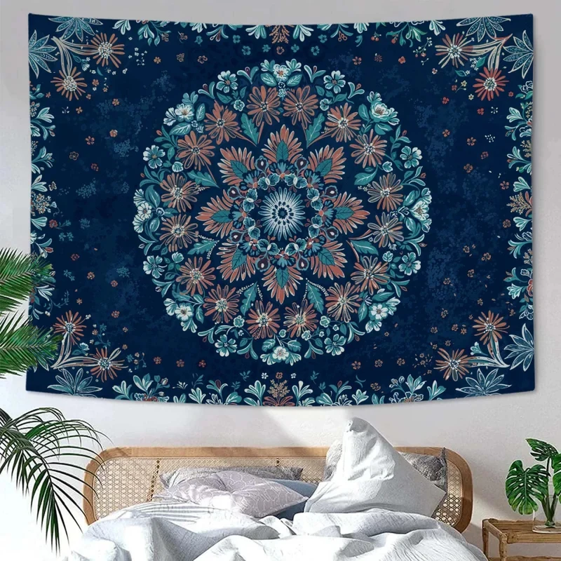 VIKAMA Marineblauer Blumen-Mandala-Wandteppich Boho Bohemian Wandbehang Ästhetische Wandteppiche für Schlafzimmerdekoration
