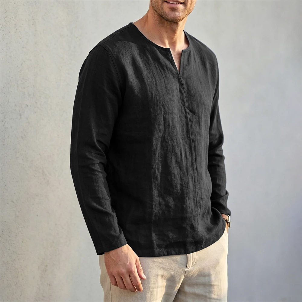 Herren Langarm-T-Shirt aus Baumwolle und Leinen V-Ausschnitt Lässig Einfarbig V-Ausschnitt Leicht Atmungsaktiv Bequeme T-Shirts für Männer – Detail 5
