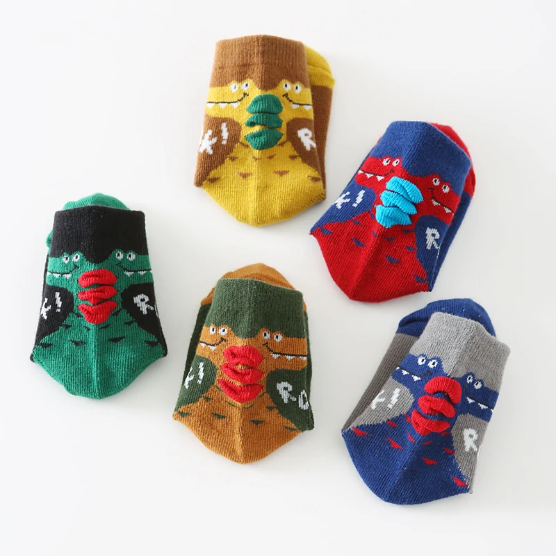 5 Pairs Boys Socks Cute Cartoon Dinosaur Pattern Cotton Comfortable Breathable Kids Socks