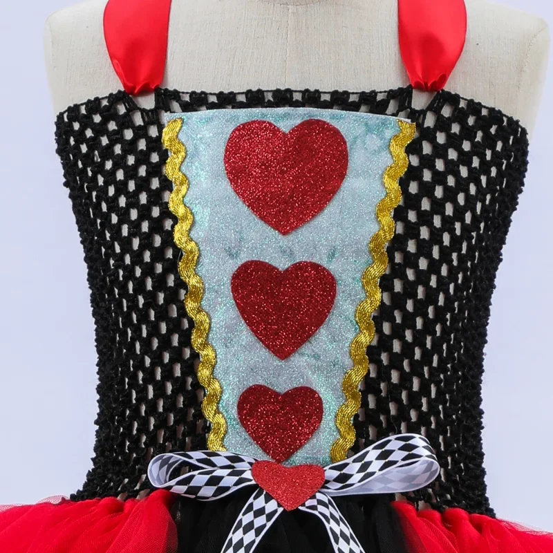 Girls Queen of Hearts Costume Kids Halloween Dress up Fancy Tutu Dress with Crown Classic Wonderland Red Queen Gown Clothes