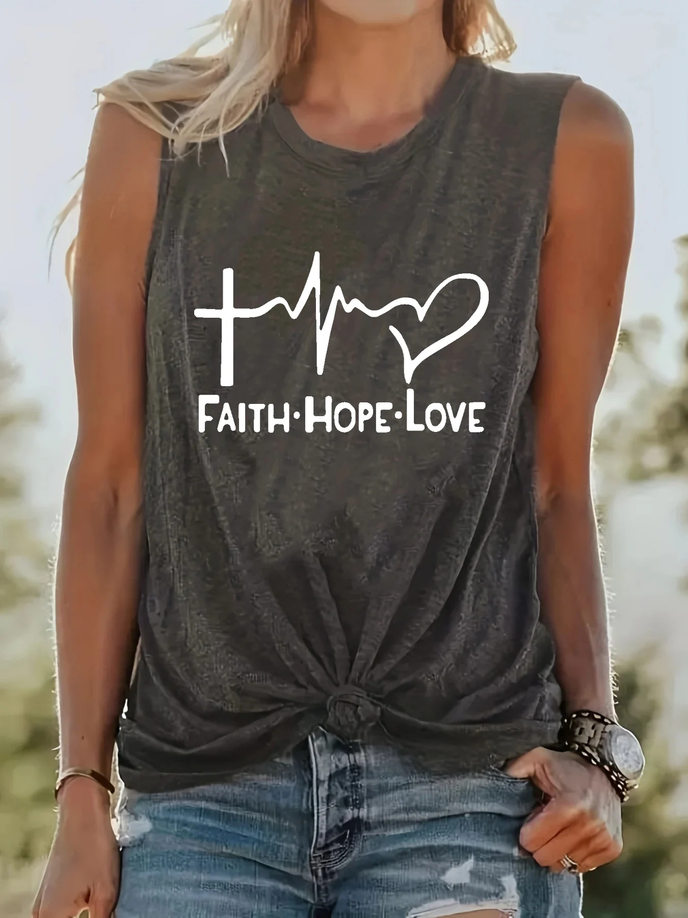 Women's FAITH HOPE LOVE Print Sleeveless Vest White T-shirt